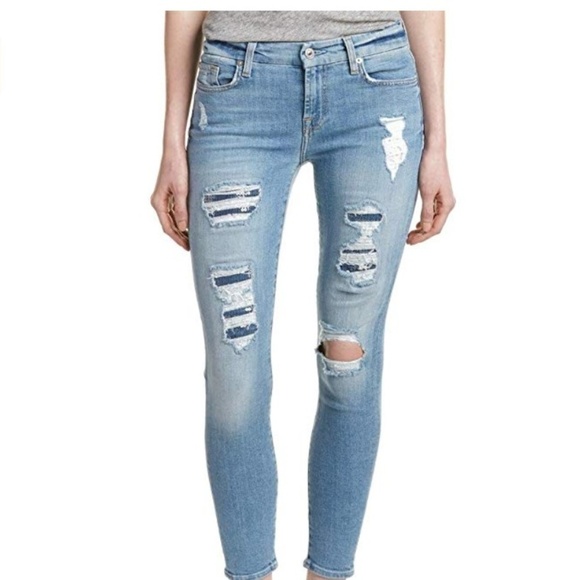 7FAMK 7 for all mankind Destroyed Sequin Skinny 0 - Picture 1 of 8